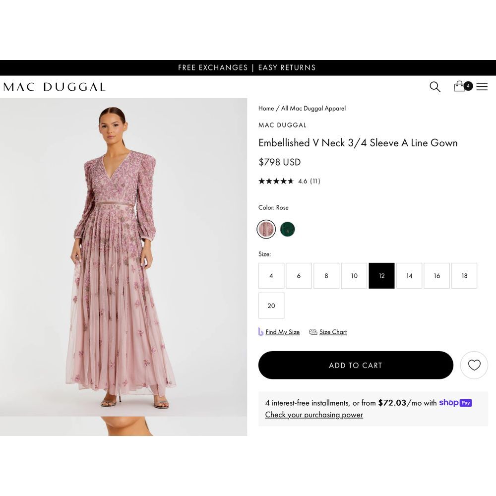 NWT Mac Duggal [ 12 ] 5497 Embellished V Neck 3/4 Sleeve A Line Gown Rose #Q1013 - Picture 3 of 16